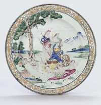 CIRCA 1742 A FAMILLE ROSE ‘FOUR ELEMENTS’ PLATE, DEPICTING ‘EARTH’